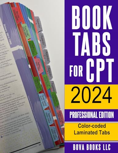 Book Tabs for CPT 2024 Professional Edition (AMA Version). Laminated, Color-coded, and Repositionable with alignment card for easy application.