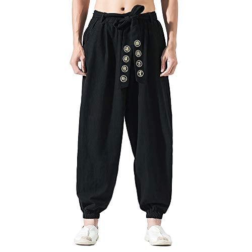 HAORUN Men Chinese Style Kung Fu Pants Tai Chi Loose Trousers Linen Casual Retro Wide Leg Black