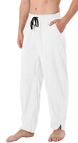 perdontoo Mens Linen Cotton Loose Fit Casual Lightweight Elastic Waist Summer Pants (XX-Large, White)