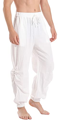 perdontoo Mens Cotton Linen Drawstring Elastic Waist Casual Jogger Yoga Pants (Large, White)