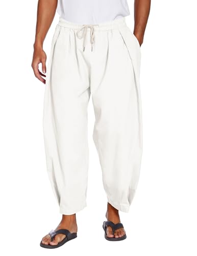 COOFANDY Men's Cotton Linen Pants Loose Fit Lightweight Beach Pants Elastic Waist Casual Yoga Pants White