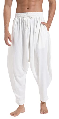 PACEIADTA Men Elastic Waist Harem Pants Loose Drawstring Drop Crotch Trousers (X-Large, White)