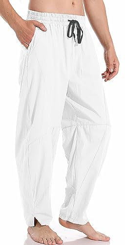 AITFINEISM Mens Cotton Linen Pants Elastic Drawstring Waist Lightweight Summer Beach Pants (42-44, White)