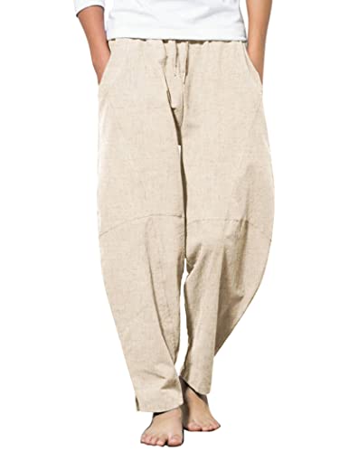 COOFANDY Men Elastic Waist Cotton Pant Lightweight Wide Leg Linen Leisure Pants Khaki