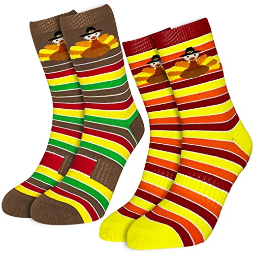 Camlinbo 2 Pairs Thanksgiving Socks Turkey Socks Thanksgiving Funny Crew Socks for Women Men Novelty Turkey Long Sock Costume (Yellow and Brown)