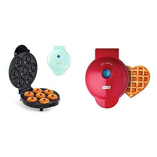 Dash Mini Donut Maker Machine for Kid-Friendly Breakfast, Snacks, Desserts & More with Non-stick Surface, Makes 7 Doughnuts - Aqua & Mini Waffle Maker Machine, Red Heart 4 Inch