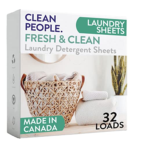 Clean People Laundry Detergent Sheets - Plant-Based, Hypoallergenic Soap - Ultra Concentrated, Plastic Free, Natural Ingredients, Recyclable Packaging, Stain Fighting - Fresh Scent, 32 Pack