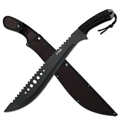 Jungle MasterMachete with Reverse SerrationsBlack Stainless Steel Blade w/ Reverse Serrations,Full Tang,Cord Wrapped Handle,Nylon Sheath,Outdoor,Hunt,Camp,Hike,Survival,JM-031B 21-Inch Overall