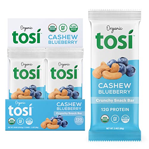 Tosi Plant Based Protein Bars, 12G Protein (Pack of 12, 2.4oz Bars), Vegan Bars, Crunchy Snacks, Cashew Blueberry Bars with Flax & Chia Seeds, Gluten Free, Omega 3s