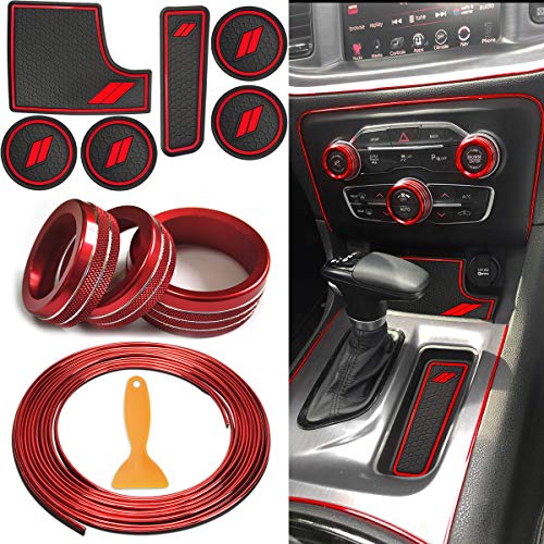 Auovo Anti Dust Mats and Trim for Charger Accessories 2015-2023 6PC Cup Inserts Mats 3 PCS A/C Volume Radio Switch Ring 5 Meters Car Interior Moulding Strip Trim Decal(RED, 3 in 1 Kit)