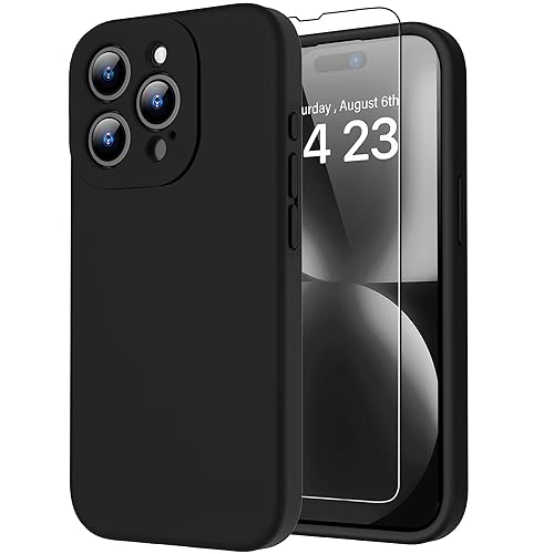 bicol Compatible with iPhone 15 Pro Max Case with Screen Protector,Enhanced Camera Lens Protection,Soft Liquid Silicone Protective Cover,Slim Fit Protective Phone Case 6.7" Black
