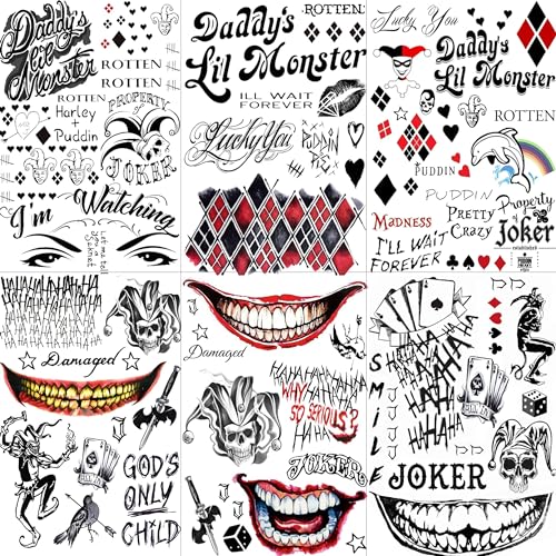 GOROMON 6 Sheets 3D Joker Tattoos Stickers, Halloween Damaged Joker Temporary Tattoos For Women Men Adults Hand Face, Halloween Makeup Kit Costume Party Rave Accessories Clown Prison Rapper Prisoner F