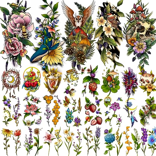 EMOME Colorful Realistic Temporary Tattoos for Women, Long Lasting Temporary Tattoos Sleeves for Adults, Waterproof Fake Tattoos and Flower Fruit Hand Tattoos Stickers for Girls(34 Sheets)