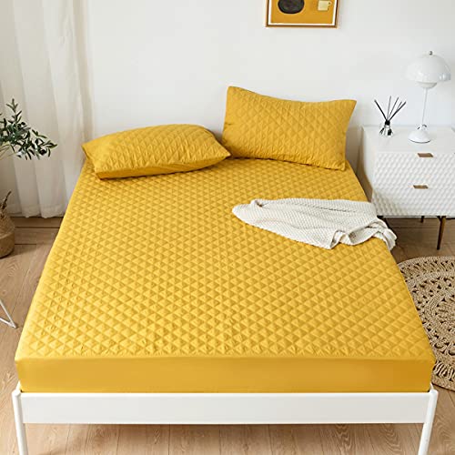 jejeloiu Yellow Quilted Mattress Pad, 100% Waterproof Breathable Twin Bedding Fitted Sheet Mattress Protector 14" Deep Pocket Cotton Snow Down Alternative Filling Mattress Cover (Twin,Yellow)