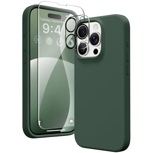GONEZ Case Compatible with iPhone 15 Pro, with 2X Screen Protector + 2X Camera Lens Protector, Liquid Silicone Shockproof Anti-Scratch Protective Microfiber Lining Phone Case 6.1" 2023, Dark Green