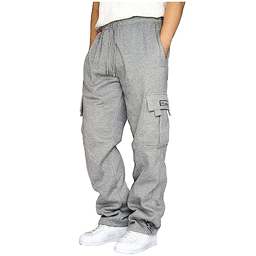 Men's Cargo Sweatpants Casual Fleece Joggers Loose Fit Open Bottom Athletic Pants for Men with Pockets Light Gray L