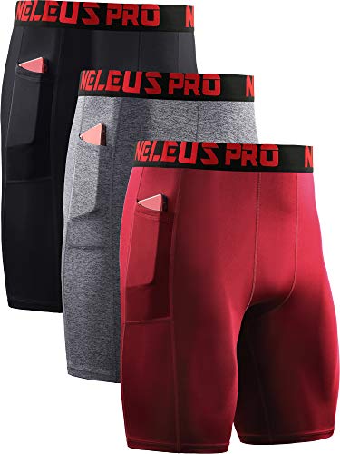 NELEUS Men's Compression Shorts with Pockets 3 Pack,6064,Black/Grey/Red,US 2XL,EU 3XL