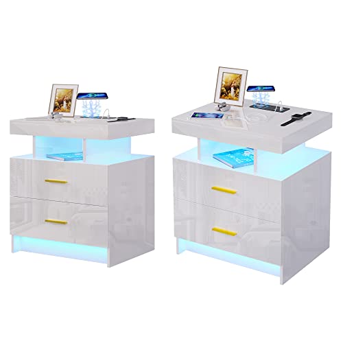 HNEBC Auto LED Nightstands Set of 2,Modern Bedside Table with 2 USB Ports & Wireless Charging Station,High Gloss Bedside Tables with 2 Drawers,Nightstands for Bedrooms/Living Room/Office (White)