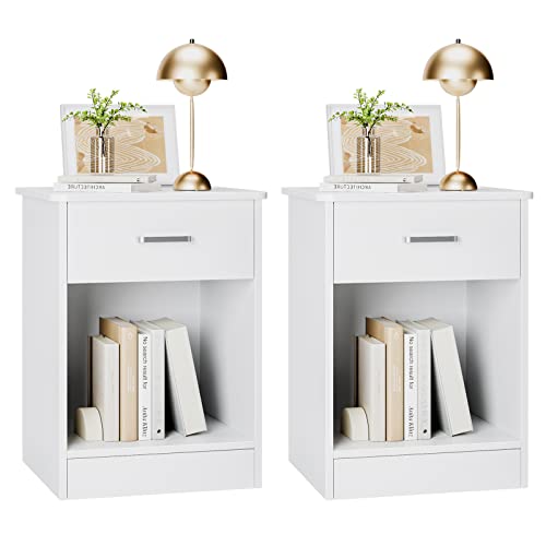 FOTOSOK Nightstand, Set of 2, 2-Tier Side Table with Drawer and Storage Shelf, Bedside Table End Table, Modern Night Stand for Bedroom, Home Office,White