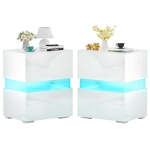SUPERJARE LED Nightstands Set of 2, Bedside Tables with LED Lights, Night Stands with High Gloss Drawers, Remote, End Tables Side Tables, for Bedroom - White
