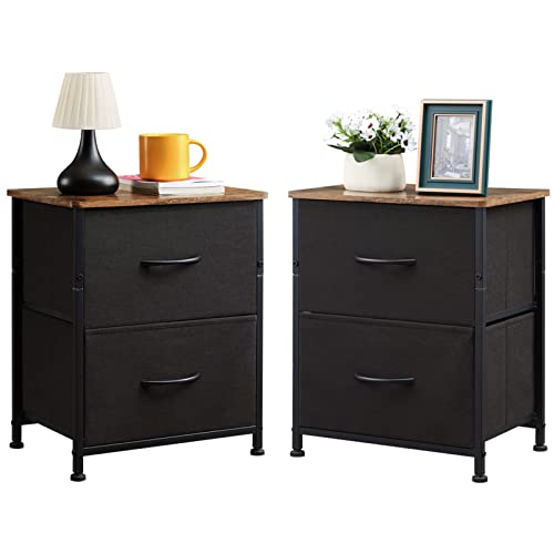 Somdot Nightstands Set of 2 with 2 Drawers, Bedside Table Small Dresser with Removable Fabric Bins for Bedroom Nursery Closet Living Room - Sturdy Steel Frame, Wood Top - Black/Rustic Brown