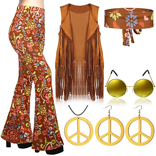 Haull 7 Pcs 60s 70s Outfits for Women Hippie Costume Set Boho Flared Pants Fringe Vest Peace Sign Accessories Set (Peace,Large)