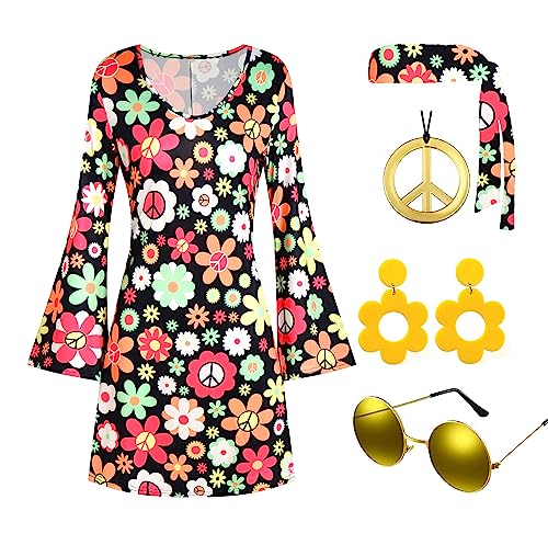 TopTok 60s 70s Disco Outfit Hippie Costume Women, 1970 Style Clothes Dress Peace Sign Accessories Jewelry Halloween (Black, Medium)