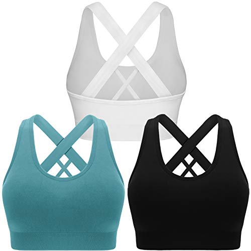 Double Couple Sports Bras for Women Padded High Impact Seamless Criss Cross Back Workout Tops Gym Activewear Bra X-Large, Black+white+blue