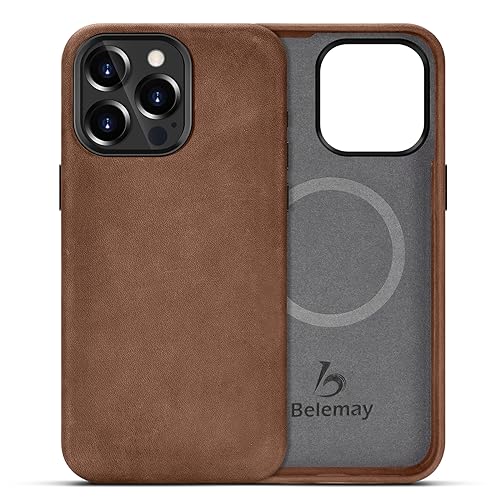 Belemay Compatible with iPhone 15 Pro Leather Case Magsafe | Top Grain Vintage Crazy Horse Leather | Metal Buttons & Camera Bezel Bump | Slim Fit & Soft | Premium Phone Cover (6.1-inch) Retro Brown