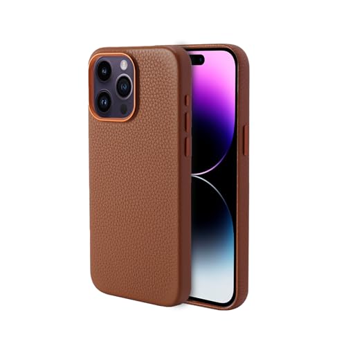 RKS Leather Case for iPhone 15 Pro (6.1 inch), Compatible with MagSafe, Stylish Lychee Pattern Genuine Leather case with Soft Fiber Lining, Lip Screen Protection, Wireless Charging Brown