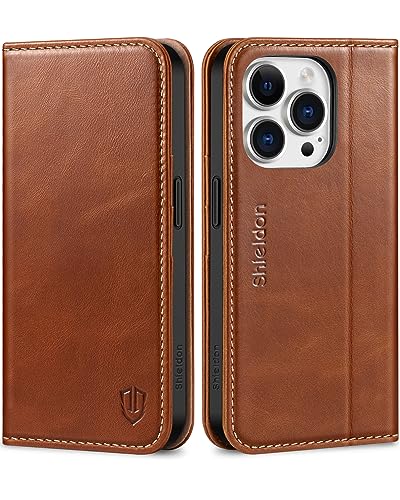 SHIELDON Case for iPhone 15 Pro 6.1", Genuine Leather iPhone 15 Pro Wallet Magnetic Cover, Kickstand, RFID Blocking Credit Card Holder, Shockproof Case Compatible with iPhone 15 Pro 5G - Retro Brown