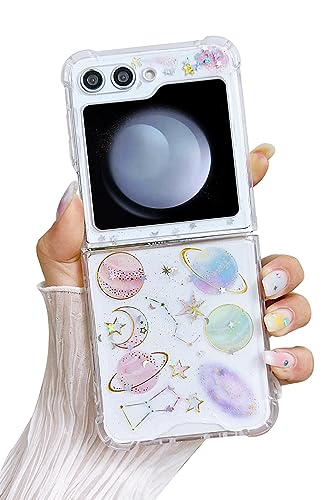 MUNDULEA Compatible Samsung Galaxy Flip 5 Case Clear Women Girls Soft TPU Planet Space Sparkle Glitter Shockproof Protective Phone Cover for Samsung Galaxy Z Flip 5 (Universe Pink)