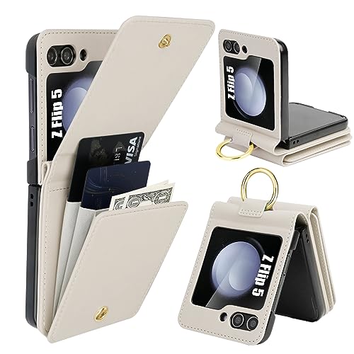 KSRIDOTE for Samsung Z Flip 5 Case Wallet Card Holder Ring Samsung Wallet Case Galaxy Z Flip 5 Wallet Case Cell Phone Case Wallet Gift for Women,Beige