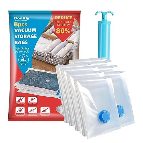 Vacuum Storage Bags,8 Pack (Small,24"x16"),Space Saver 80% Vacuum Storage Bags,Storage Bags Vacuum Sealed of Clothes, Pillows,Comforters,Blankets Storage,Hand Pump Included