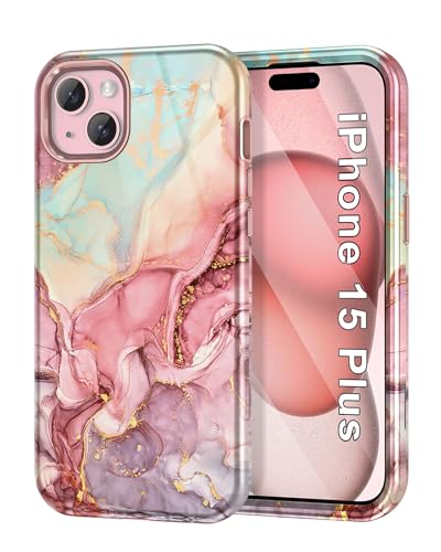 Btscase for iPhone 15 Plus Case 6.7 inch (2023), Marble Pattern 3 in 1 Heavy Duty Shockproof Full Body Hard PC+Soft Silicone Drop Protective Women Girls Cover for iPhone 15 Plus, Rose Gold