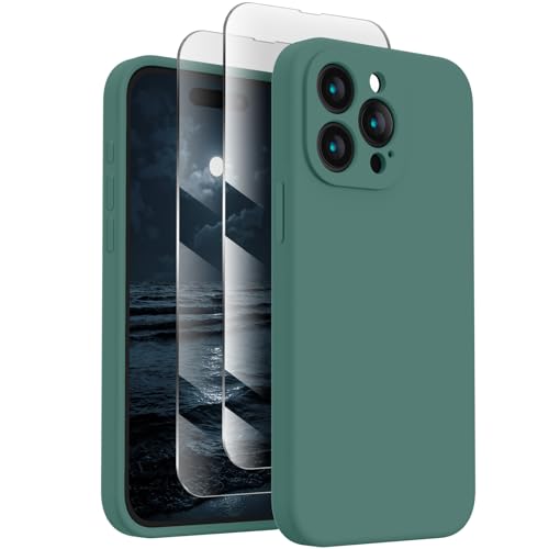 FireNova Designed for iPhone 15 Pro Case, Silicone Upgraded [Camera Protection] Phone Case with [2 Screen Protectors], Soft Anti-Scratch Microfiber Lining Inside, 6.1 inch, Midnight Green