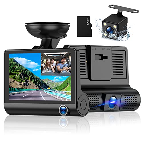 3 Channel Dash Cam Front and Rear Inside, 1080p 4 Inches 170 Wide Angle Dashcam, Dash Camera for Cars with 32GB Card, Super Night Vision, Loop Recording, G-Sensor, Motion Detection, Parking Mode