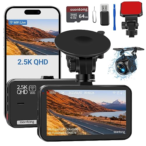 Dash Cam Front and Rear, Dash Camera for Cars WiFi/APP Control Dashcam W/ 64G SD Card, 2.5K Dash Cam Front + 1080P Rear Car Camera W/Super Night Vision, Loop Recording, G-Sensor, Max Support 256GB