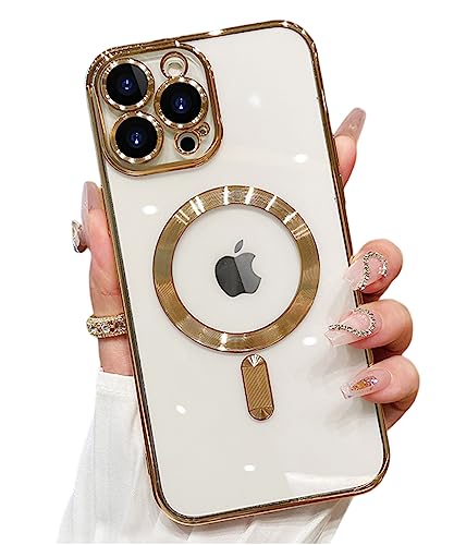 ZinLyuen Magnetic Case for iPhone 15 Pro Max Case Clear Compatible with MagSafe Built-in Camera Lens Protector Soft Slim Shockproof Phone Case Cover for iPhone 15 Pro Max 6.7" - Gold