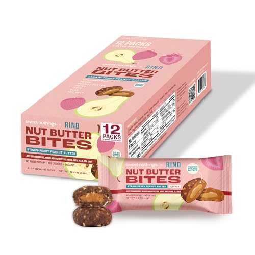 Sweet Nothings x RIND Snacks, Straw-Peary, USDA Organic Nut Butter Bites Protein Bar, Nut & Date Snack, Filled with Peanut Butter, 12-2 Bite Value Packs - No Added Sugar, Plant Based, Vegan, Only 7 Ingredients