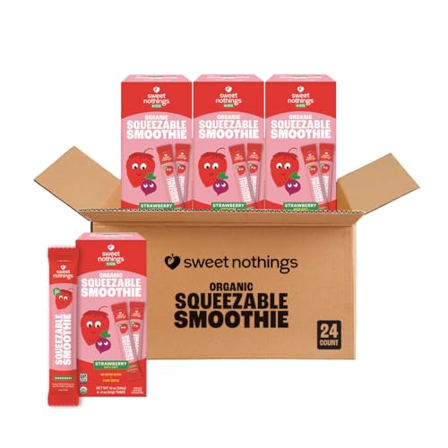 Sweet Nothings, Strawberry, USDA Organic Kids' Squeezable Super Fruit Smoothie Freezie Pops, Value Pack of 24 - Dye-Free, No Added Sugar, Dairy-Free, Vegan, Healthy Organic Fruit and Veggie Pops, Freeze or Refrigerate and Enjoy