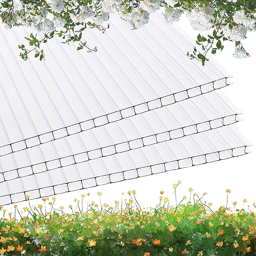 QVQE 10 Pack 2' (W) x 4' (L) x 0.16'' Polycarbonate Panel Twin-Wall Polycarbonate Panels Waterproof UV Protected Reinforced Clear Sheets, Outdoor Garden and Greenhouse Covering