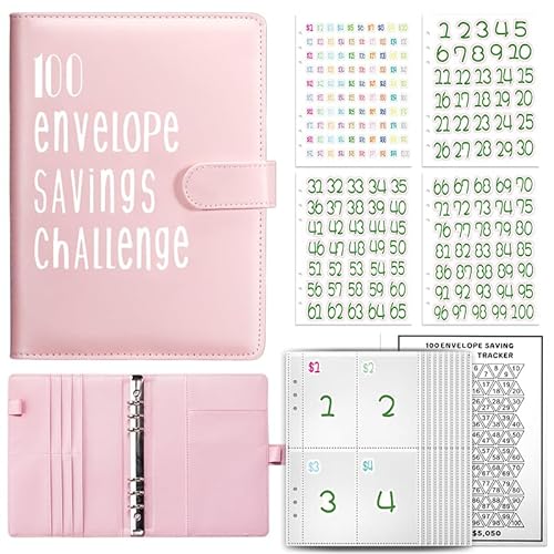 100 Envelope Challenge Binder A5 Money Saving Challenge Book Budget Binder with Card Slot Stainless Steel Ring 25 Sheets Reusable Transparent Cash Envelopes Easy & Fun Way to Save $5,050 - Pink