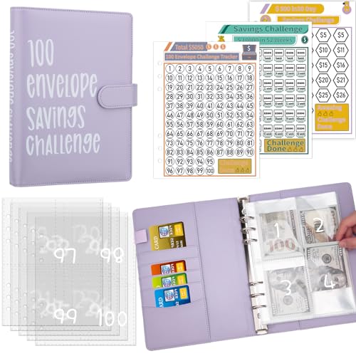Antner 100 Envelopes Challenge Binder Savings Challenges Book to Save $5,050, 10,000 and $500, A5 Money Saving Planner Cash Envelope Budget Binder, Purple