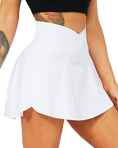 TZLDN Women's Tennis Skirt with Shorts Pockets Crossover High Waisted Workout Athletic Golf Skorts Skirts White - X-Small