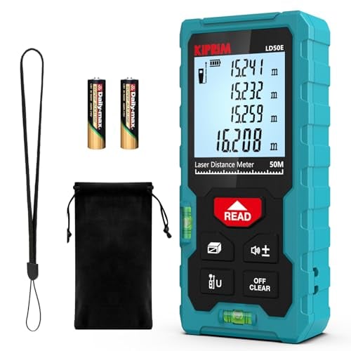 Laser Distance Measure High Accuracy 165ft Kiprim LD50E Laser Tape Measure 50M Compact Laser Measurement Tool with Larger Backlit LCD Display,ft/m/in Switching,Bubble Level