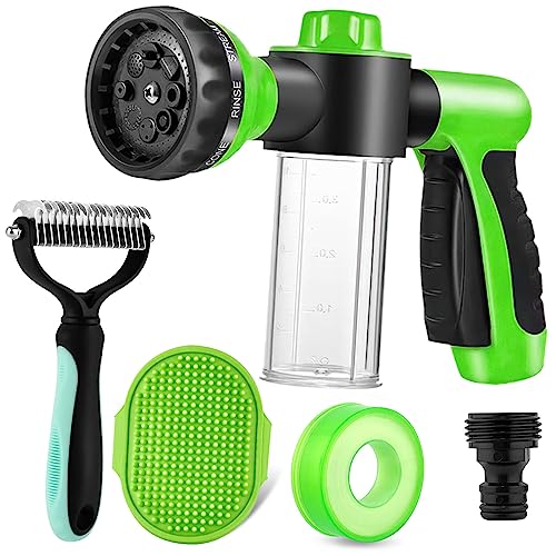 Pup Jet Dog Washing Hose Attachment,Dog hose nozzle 8 spray patterns with 3.5oz/100cc Soap Dispenser Bottle and Dog De-Shedding Comb for Pet Showering Car Washing, Watering Plants (GREEN)
