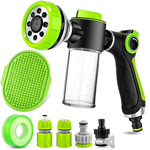 Pup Jet Dog Wash Hose Attachment, 8-in-1 Sprayer Mode Garden Hose Nozzle with Dog Bathing Brush and 100cc Soap Dispenser Bottle, Adopted in Watering Flowers, Car Wash, Dog and Horse Showering (Green)