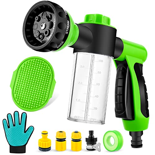Pup Dog Wash Nozzle Jet Dog Wash Hose Attachment with Pet Grooming Glove and Rubber Dog Brush, Bathing Sprayer for Showering Pet, Car Wash and Watering Plants(Green)
