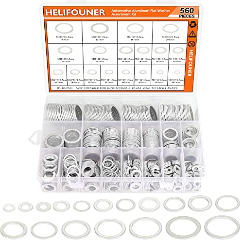 HELIFOUNER 560 Pieces 18 Sizes Automotive Drain Plug Gaskets, Oil Crush Washers, Aluminum Flat Washers Assortment Kit (M6 M8 M10 M12 M14 M16 M18 M20 M22 M24)